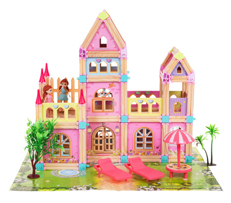 Drewniany Domek Księżniczek z Klocków 183 el. dla dzieci 3+ Elementy konstrukcyjne + 2 Figurki Księżniczek + Akcesoria