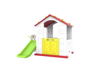 Domek Ogrodowy 3w1 dla dzieci Czerwony Dach + Zjeżdżalnia + Koszykówka