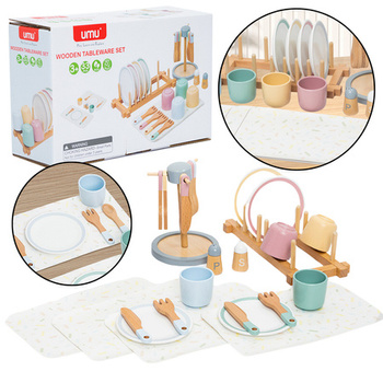 Drewniany Zestaw Naczyń Dla Dzieci Zastawa Stołowa Stojak 33El
