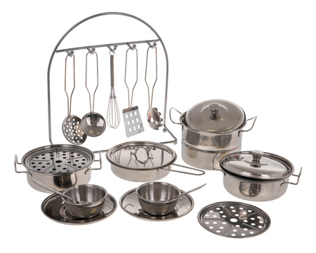 Zestaw metalowych Garnków dla dzieci 3+ Akcesoria 23 el. + Zastawa + Przybory kuchenne + Fartuszek kucharza