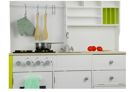 Drewniana Kuchnia Dla Dzieci Zielono Biała Paula Otwierane Elementy