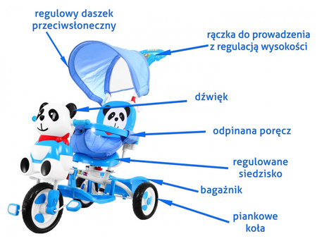3-kołowy Rowerek dla dzieci Panda Niebieski + Dźwięki + Daszek + Barierka + Podnóżek + Rączka + Schowek