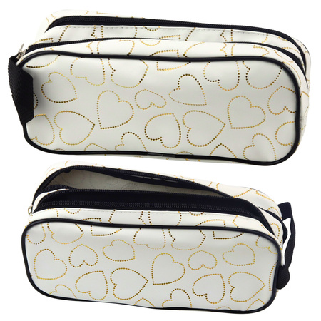 Piórnik Szkolny Biurowy Dwukomorowy Złote Serca Biały 23,5x10 cm