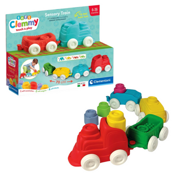 Clemmy Kolorowy Pociąg Sensoryczny Lokomotywa Wagony Klocki 70cm Clementoni 17961