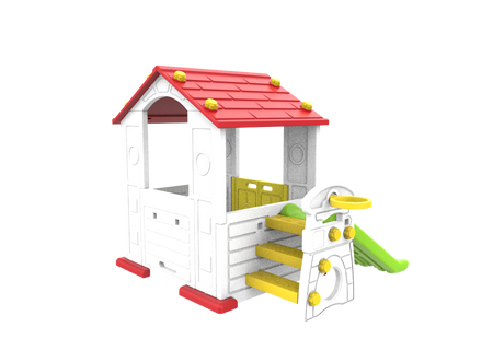 Domek Ogrodowy 3w1 dla dzieci Czerwony Dach + Zjeżdżalnia + Koszykówka