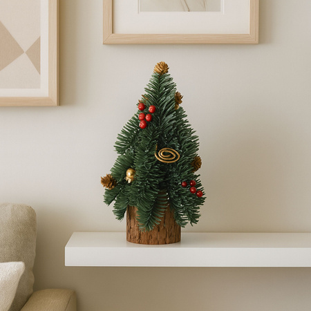 Choinka Ozdobna Dekoracyjna Na Pniu Czerwona Jarzębina Szyszki 26 x 12 cm