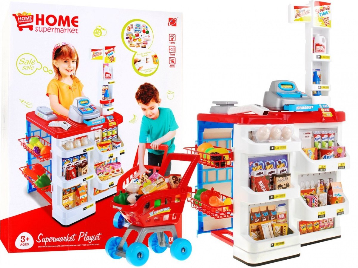 Supermarket dla dzieci 3+ Czerwony Zabawa w sklep 24 el. Wózek + Towary + Interaktywny skaner