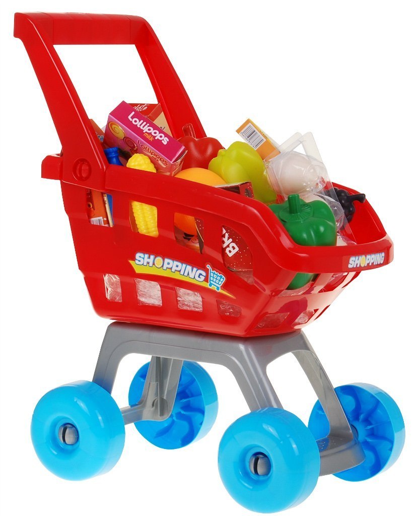 Supermarket dla dzieci 3+ Czerwony Zabawa w sklep 24 el. Wózek + Towary + Interaktywny skaner