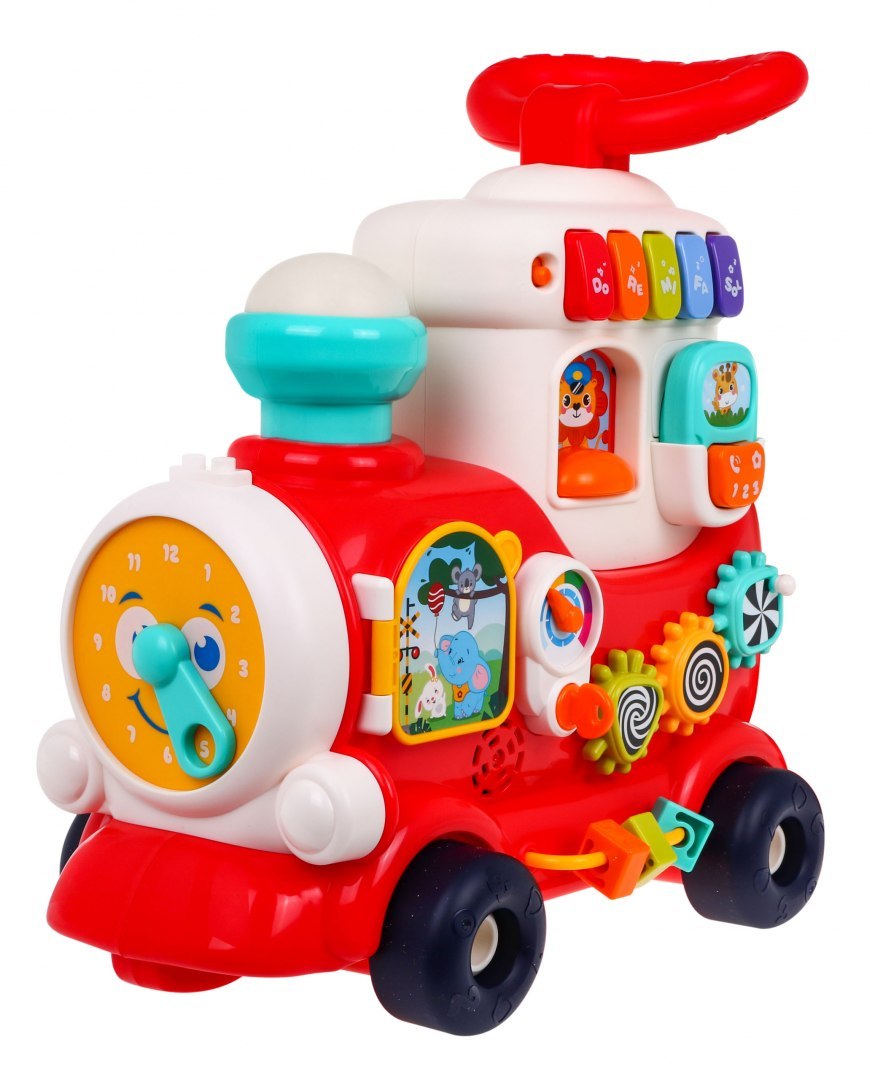 Interaktywna lokomotywa 4w1 dla dzieci 12m+ pchacz+ chodzik + wózek + zabawka edukacyjna