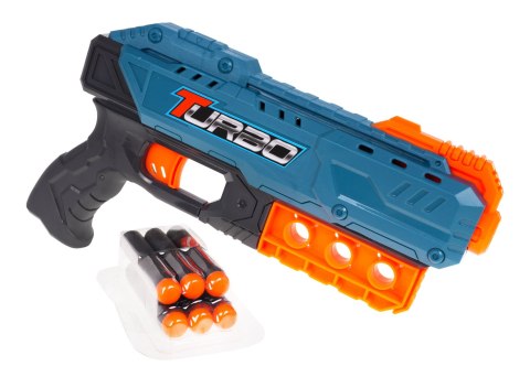 Pistolet TURBO dla dzieci 8+ Niebieski + 6 bezpiecznych Pocisków + Mechanizm ręczny Pistolet TURBO dla dzieci 8+ Niebieski + 6 bezpiecznych Pocisków + Mechanizm ręczny