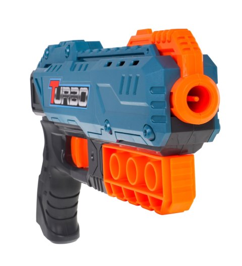Pistolet TURBO dla dzieci 8+ Niebieski + 6 bezpiecznych Pocisków + Mechanizm ręczny Pistolet TURBO dla dzieci 8+ Niebieski + 6 bezpiecznych Pocisków + Mechanizm ręczny