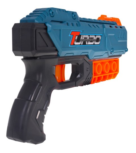 Pistolet TURBO dla dzieci 8+ Niebieski + 6 bezpiecznych Pocisków + Mechanizm ręczny Pistolet TURBO dla dzieci 8+ Niebieski + 6 bezpiecznych Pocisków + Mechanizm ręczny
