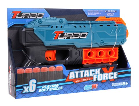 Pistolet TURBO dla dzieci 8+ Niebieski + 6 bezpiecznych Pocisków + Mechanizm ręczny Pistolet TURBO dla dzieci 8+ Niebieski + 6 bezpiecznych Pocisków + Mechanizm ręczny