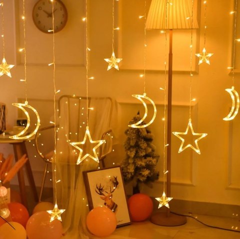 Lampki LED kurtyna księżyc gwiazdki 2,5m 138LED ciepły biały Lampki LED kurtyna księżyc gwiazdki 2,5m 138LED ciepły biały