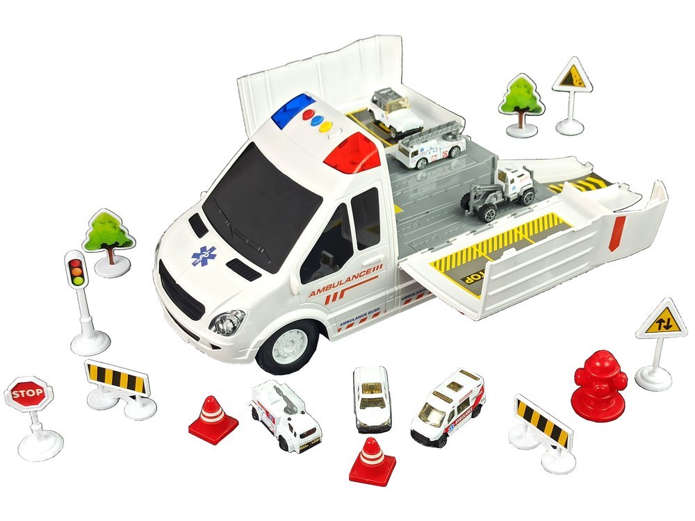 Ambulans Transportowy Parking Dźwięki Światła Napęd Frykcyjny Autka Akcesoria