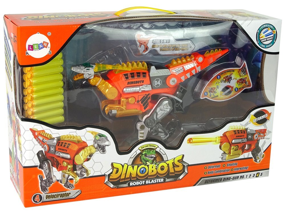Dinobots 2w1 Dinozaur Pistolet na Strzałki Pomarańczowy Velociraptor Tarcza